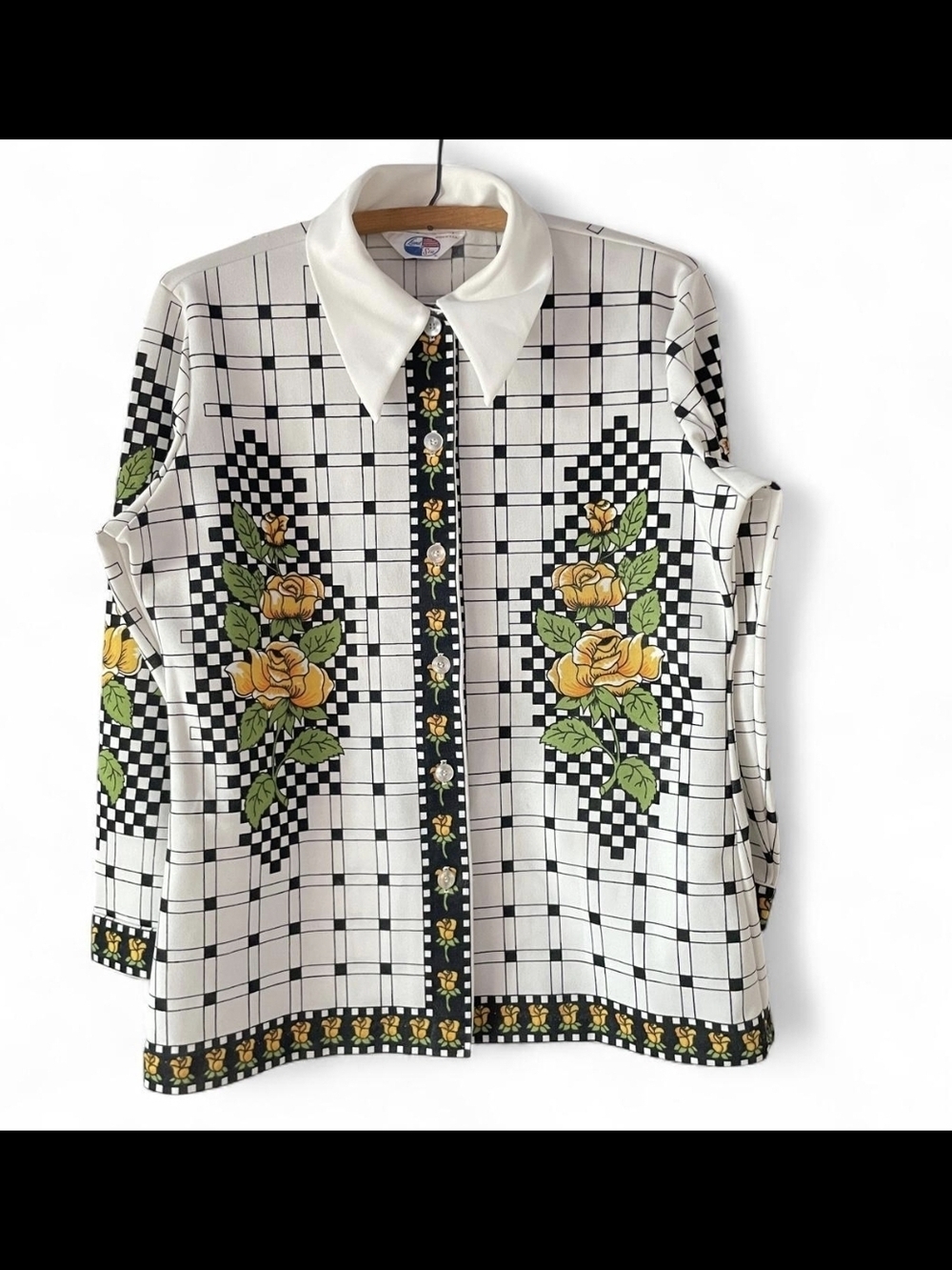 Vintage Mod White Grid Floral Button-Up Blouse with Yellow Roses